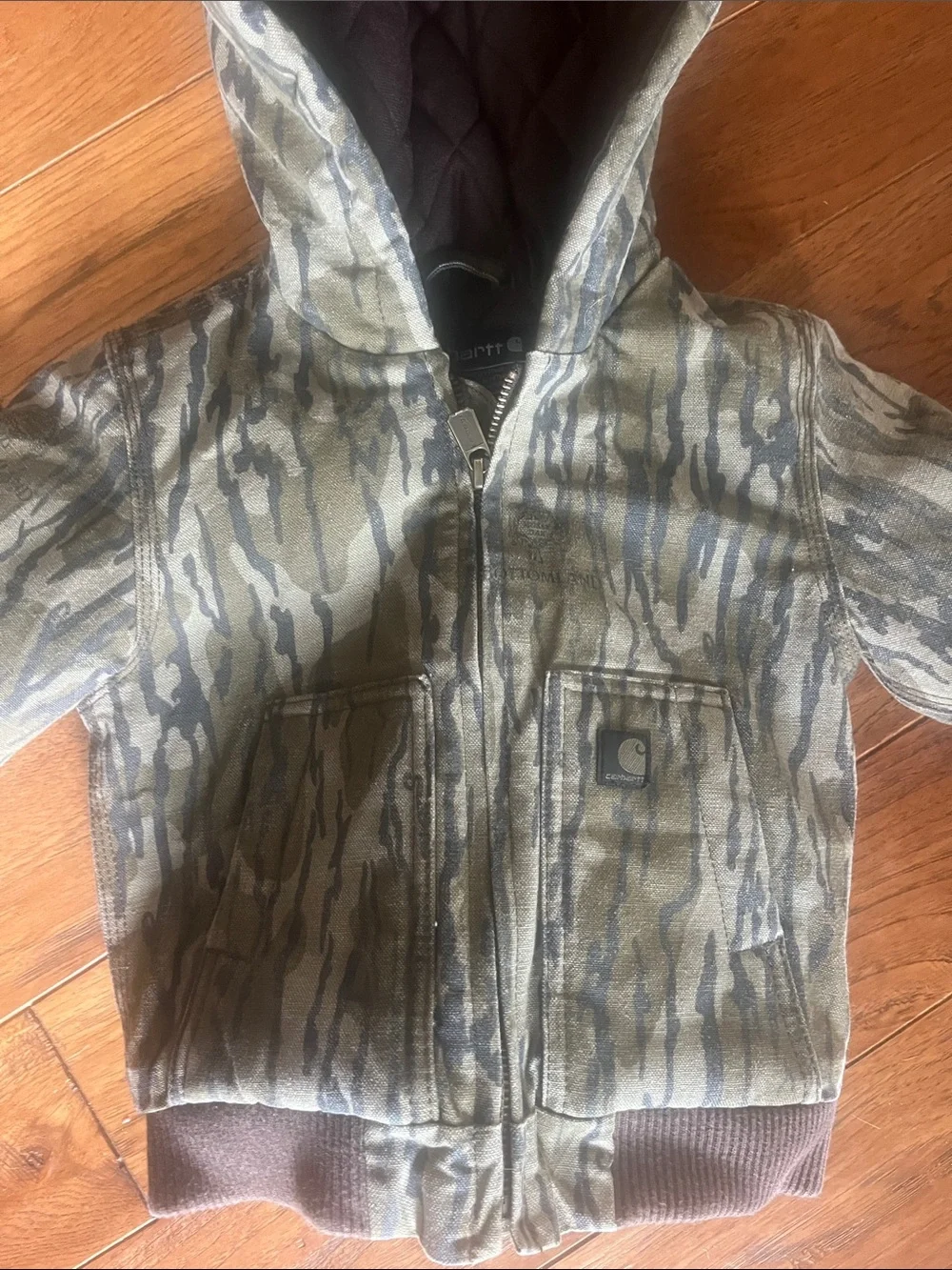 Children’s Carhartt Quilted Brown Hooded Jacket with Camo Trim